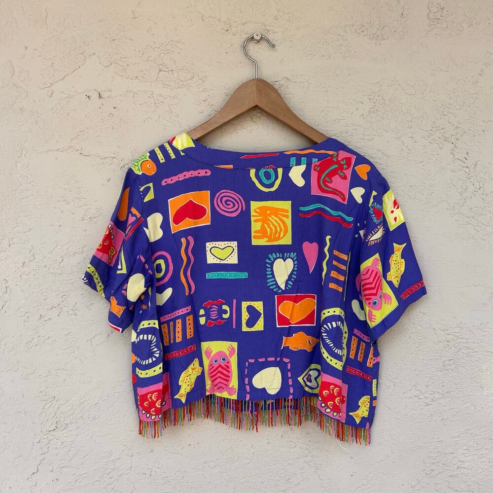 Vintage Cute Print Beaded Fringe Hem Rayon Blouse Large - Picture 2 of 5